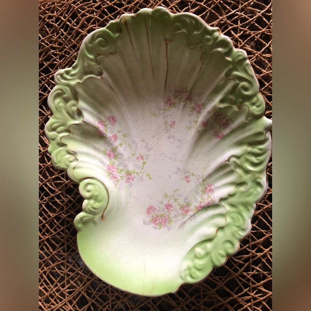Porcelain Cabbage Leaf Form Dish with Pink Flowers